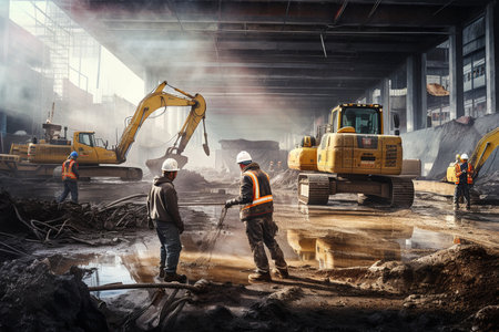 Construction Workers with Heavy Machinery. Generative AIの素材