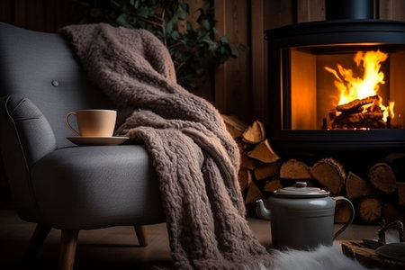 Tea Mug on Chair with Woolen Blanket. Generative AIの素材