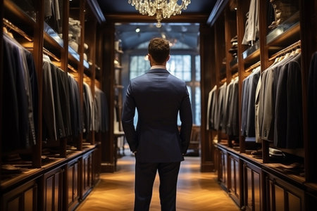 Elegant Gentleman in Classic Suit in Fitting Room. Generative AIの素材