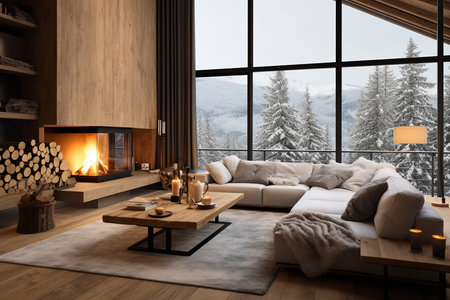 Winter Living Room Interior. Generative AIの素材