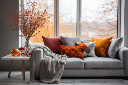 Autumn Living Room with Gray Sofa. Generative AIの素材