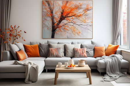 Autumn Living Room with Gray Sofa. Generative AIの素材