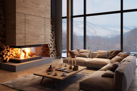 Winter Living Room Interior. Generative AIの素材
