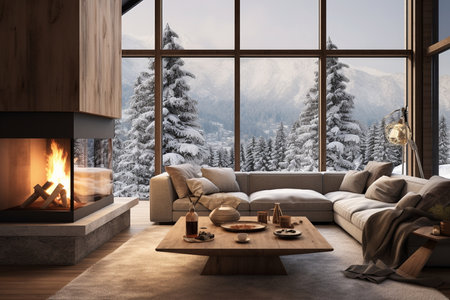 Winter Living Room Interior. Generative AIの素材
