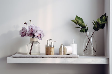 Elegant Bathroom Shelf with Stylish Accessories. Generative AIの素材