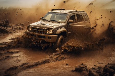 Off-Road Adventure: Car Conquering Mud. Generative AIの素材