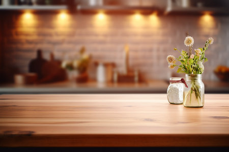 Modern Kitchen Tabletop Bokeh View. Generative AIの素材