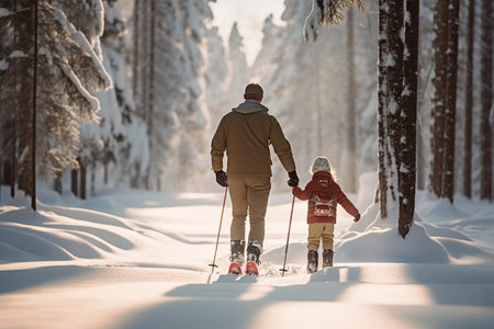 Father Teaching Son Skiing in Winter. Generative AIの素材