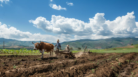 Rural Tradition: Oxen Led Field Plowingの素材