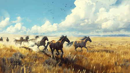 Herd of Wild Horses on Grass Plainsの素材