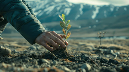 Reforestation Hands: Planting Sapling in Barren Landの素材