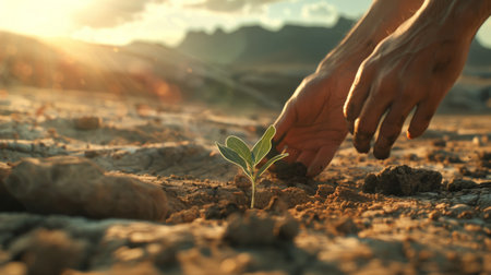 Barren Land Renewal: Hands Planting Seedlingの素材
