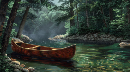 Tranquil Waters: Riverside Scene with Wooden Canoeの素材