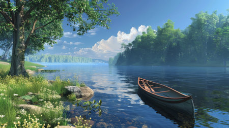 Tranquil Waters: Riverside Scene with Wooden Canoeの素材