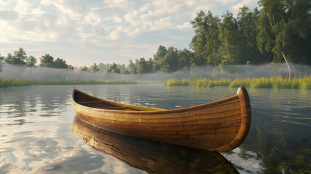 Tranquil Waters: Riverside Scene with Wooden Canoeの素材