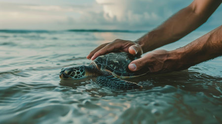 Oceanic Release: Hands Freeing Rehabilitated Sea Turtle