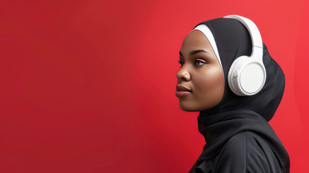 Candid African American hijabi woman listening intentlyの素材