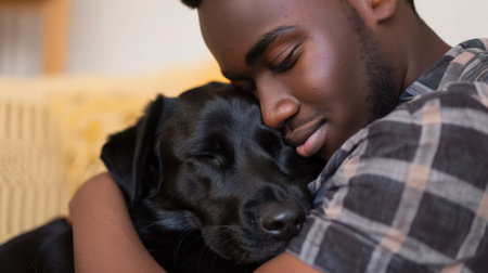 Man of African descent embracing his black dogの素材