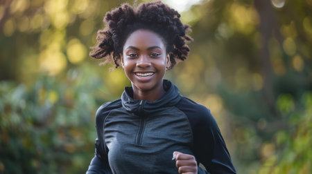 Happy Black teenage girl jogging in close-upの素材