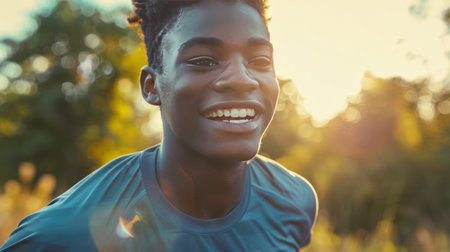 Close-up of a happy Black teenager jogging outdoorsの素材