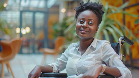 Disabled Black woman in wheelchair at inclusive eventの素材