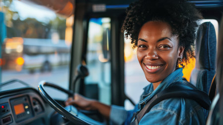 Happy Black mixed-race female bus driverの素材