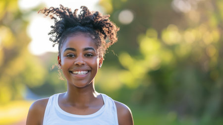 Happy Black teenage girl jogging in close-upの素材