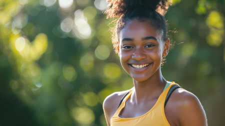 Happy Black teenage girl jogging in close-upの素材