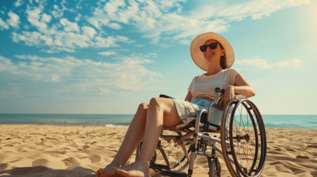 Joyful woman with disabilities seated comfortably in a wheelchairの素材