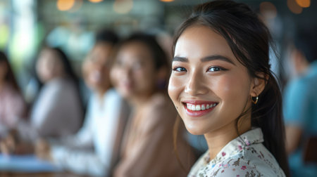 Portrait of a smiling young Asian woman in the officeの素材