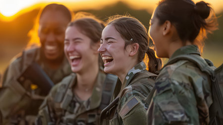 Female army soldiers laughing candidly in a groupの素材