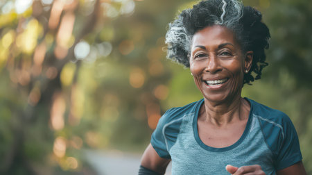 Smiling mature black woman joggingの素材