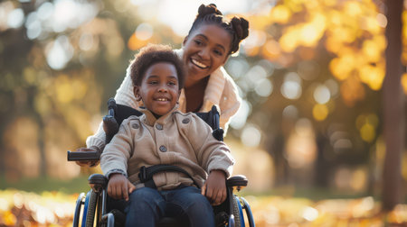 Joyful Black child in wheelchair being pushed by motherの素材