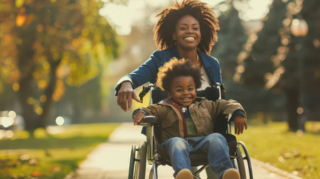 Joyful Black child in wheelchair being pushed by motherの素材