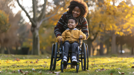 Joyful Black child in wheelchair being pushed by motherの素材