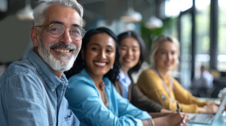 Smiling multi-age colleagues enjoying a moment in a workplaceの素材
