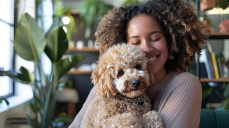 Smiling female of varied heritage hugging a dog in an inclusive environmentの素材
