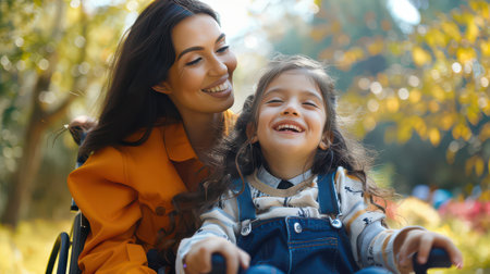 Joyful child with disability in wheelchair accompanied by carerの素材