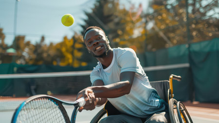 Wheelchair athlete engaged in tennis match.の素材
