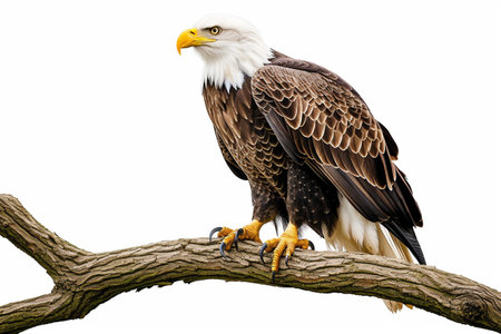 Eagle perched on a tree branch isolated on white backgroundの素材