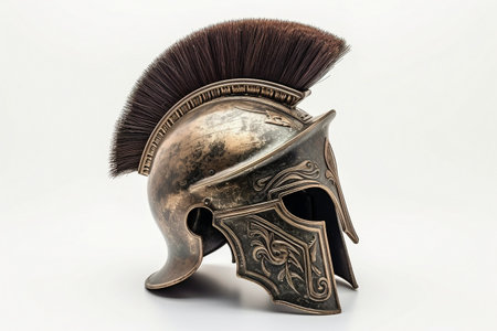 Greek Corinthian Helmet with Ornate Crest and Plume isolated on white backgroundの素材