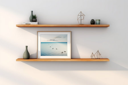 Wall Mounted Floating Shelf with Photo Frames isolated on white backgroundの素材