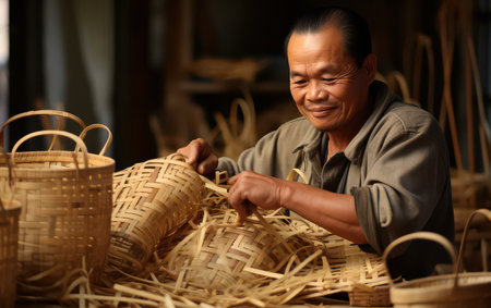 Traditional bamboo artisan creating woven basketsの素材
