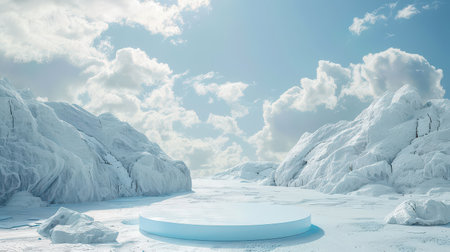 Ice-themed display stand set against a snowy winter backgroundの素材