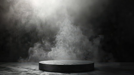 Platform for showcasing items with a dark, smoky background and black podiumの素材