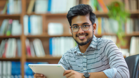 Smiling portrait of a young Indian professional engaged in workの素材