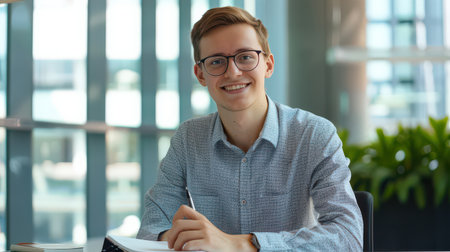 Young man with glasses smiling while at workの素材
