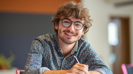 Young man with glasses smiling while at workの素材