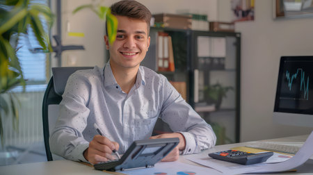 Smiling portrait of a young man in a business shirtの素材
