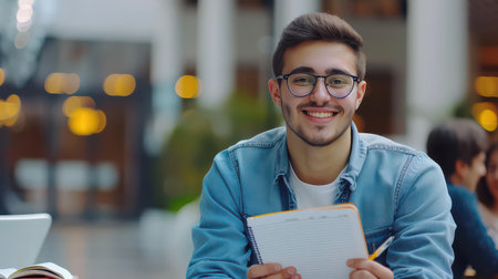Young man with glasses smiling while at workの素材